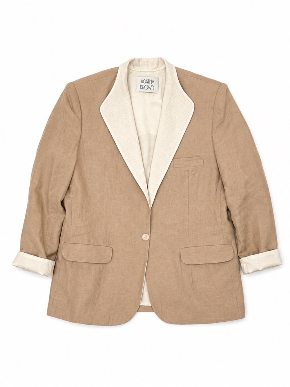 Vintage Agatha Brown Linen Oversized Blazer Suit Jacket Tan & Cream